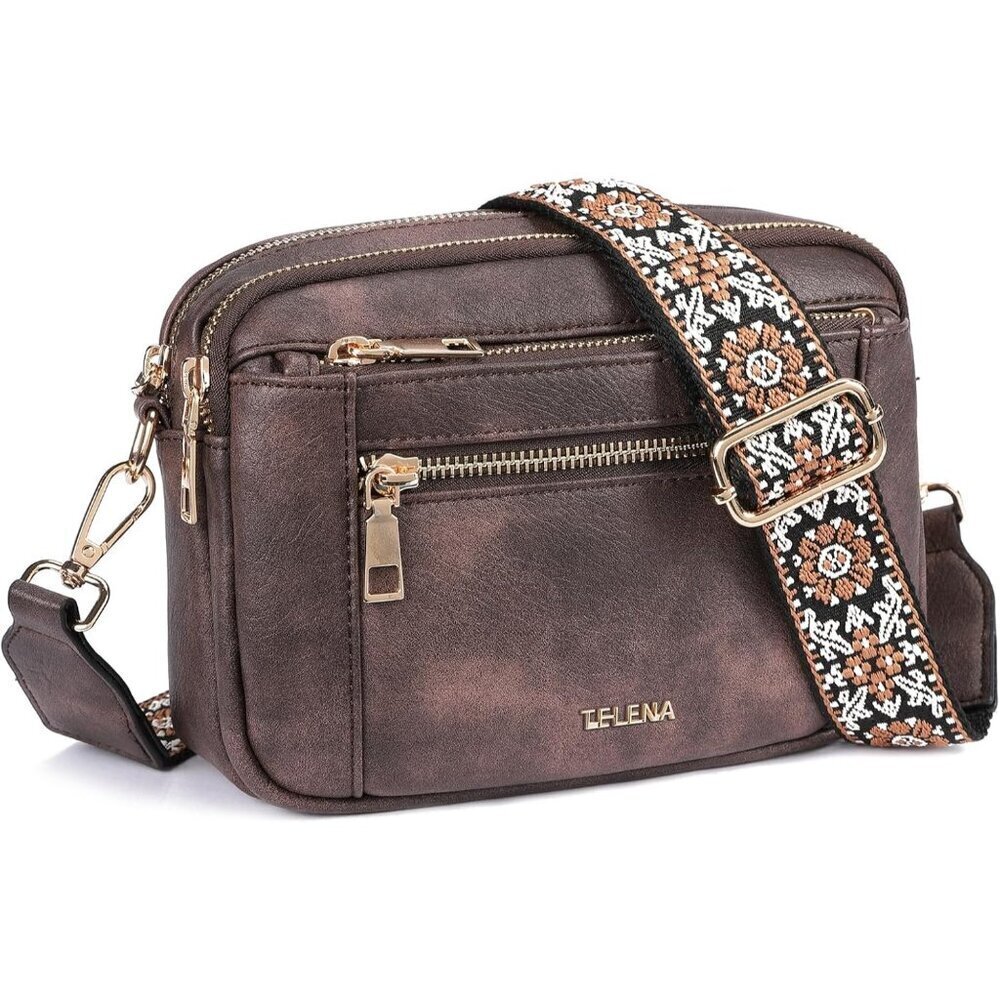 Telena Women Coffee Trendy Vegan Leather Shoulder Handbags With Adjustable Strap